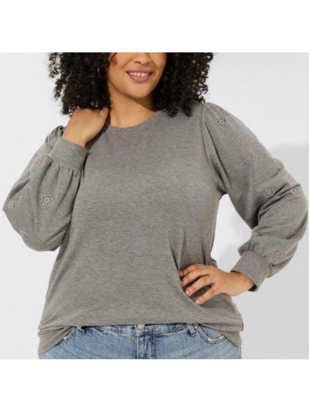 Torrid Gray Eyelet Lace Crochet Puff Sleeve Top Sweatshirt 2X Preppy Academia